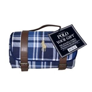 New - Ralph Lauren Blue Plaid Travel Picnic Outdoor Blanket